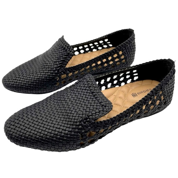 Birdies Shoes - Birdies The Woven Starling Flat Loafer Black Faux Leather Smoking Slipper 7.5